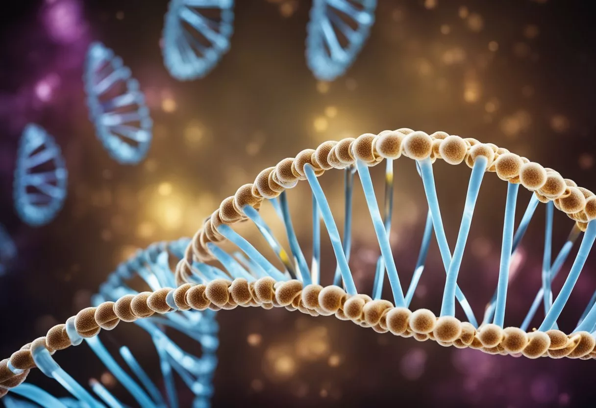 A DNA double helix unwinds, revealing genetic polymorphisms. Enzymes add methyl groups to specific sites, affecting mental health pathways