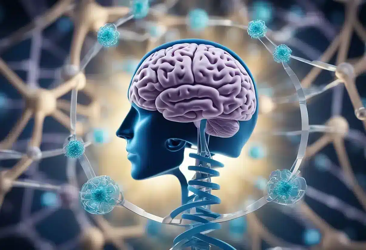 A brain surrounded by swirling DNA strands, with "FAQ: Methylation and Mental Health" displayed prominently