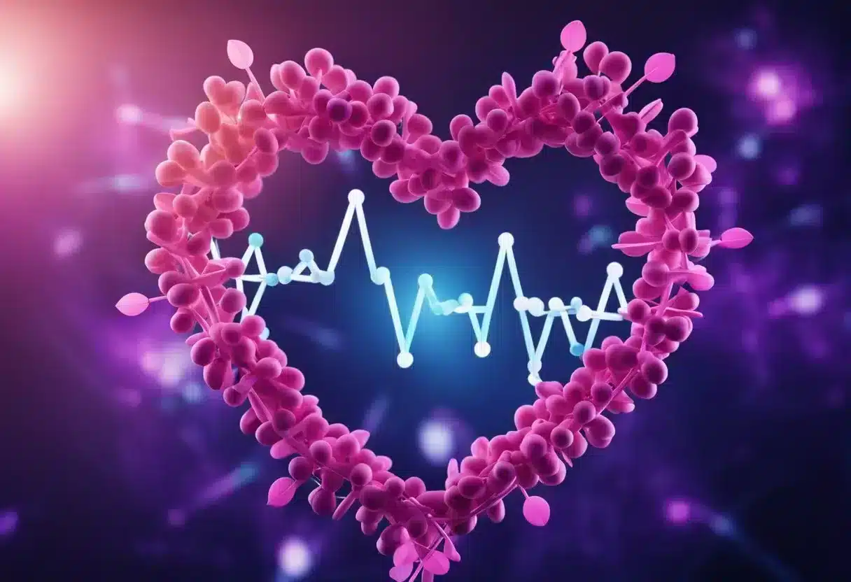 A heart surrounded by methylated DNA strands, with arrows pointing towards it, symbolizing the impact of methylation on cardiovascular health