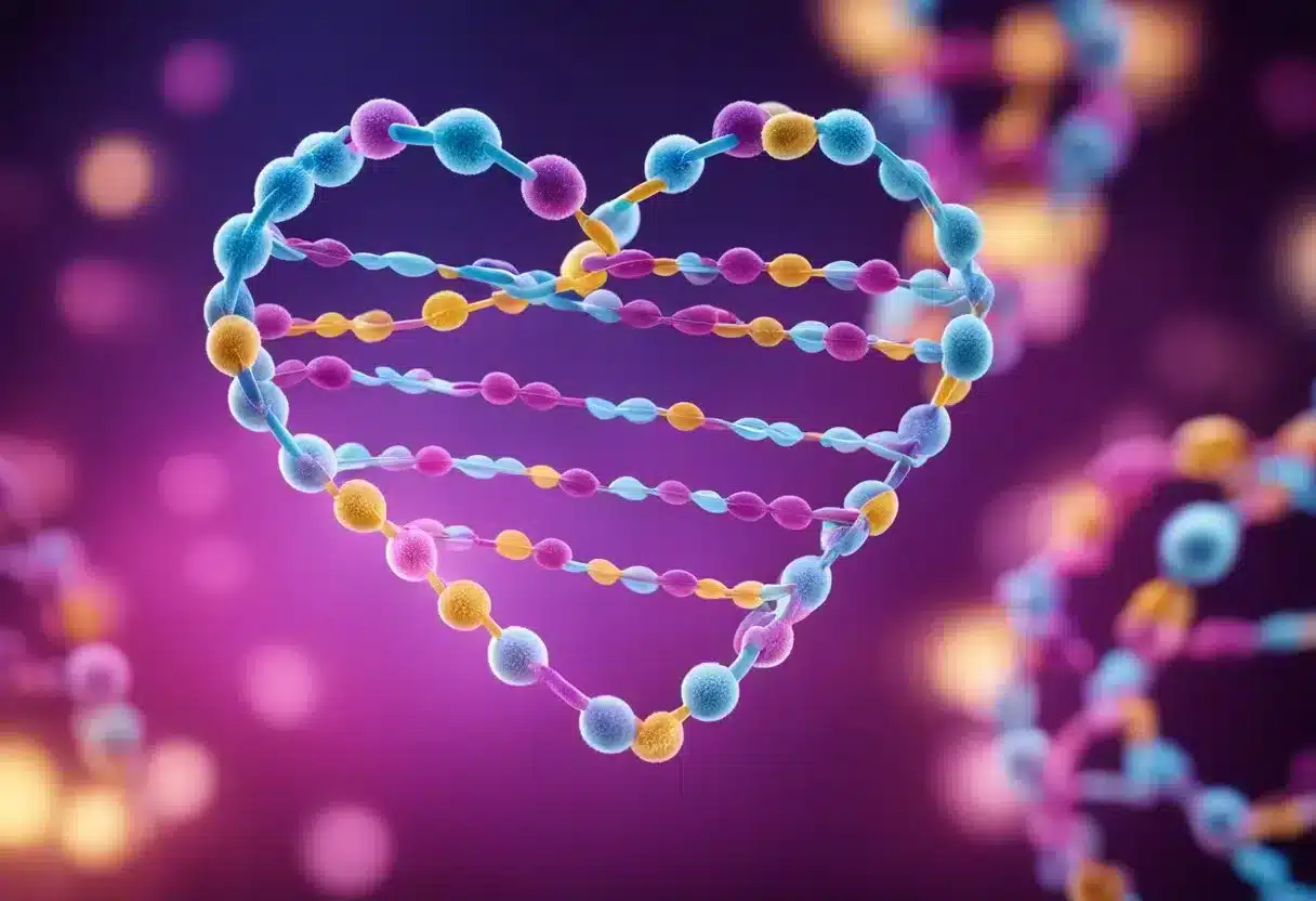 A heart-shaped DNA strand surrounded by methyl groups, symbolizing the link between methylation and cardiovascular diseases