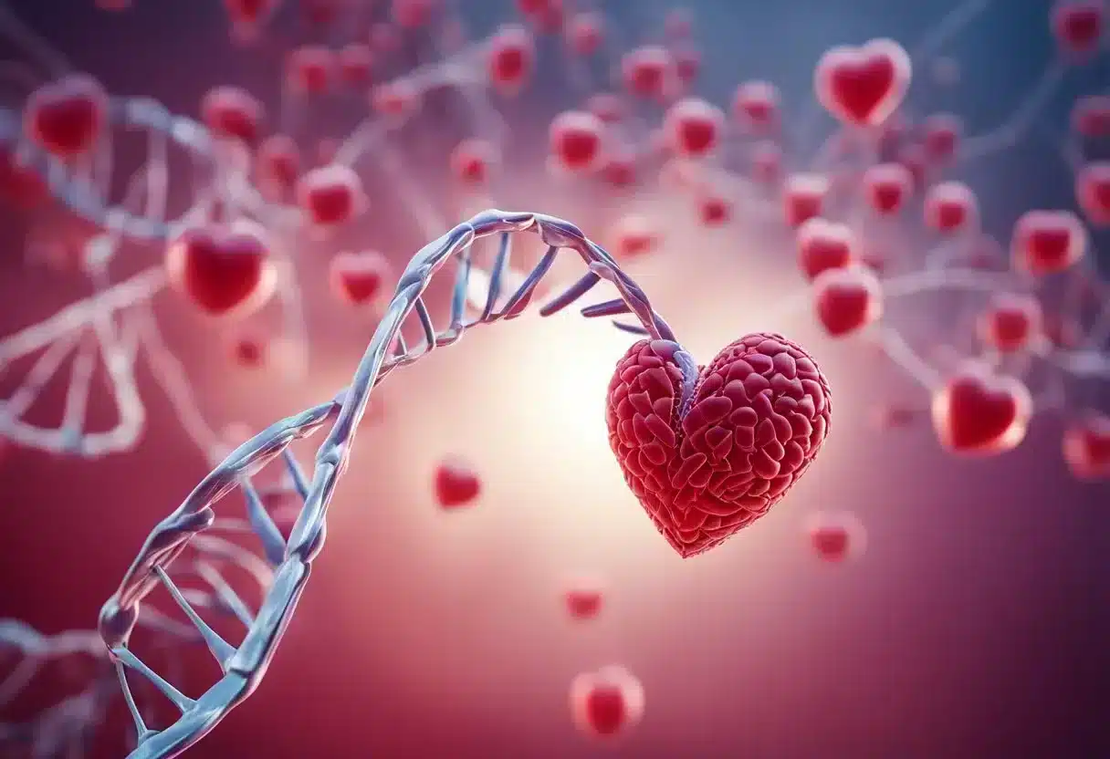 Methylation and heart intertwined with a DNA strand, surrounded by blood vessels and a healthy heart