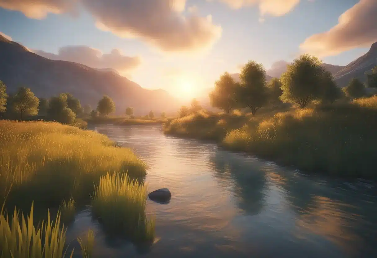 A serene landscape with a calm, flowing river and a vibrant sunset, symbolizing the release of negative emotions through forgiveness