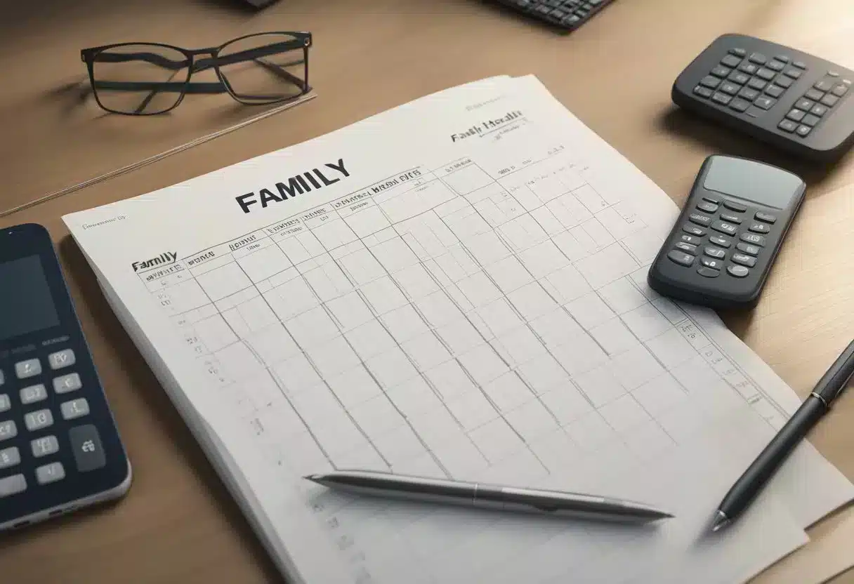 A table with a calendar, phone, and notebook. A stack of papers labeled "family health history." A computer with a spreadsheet open