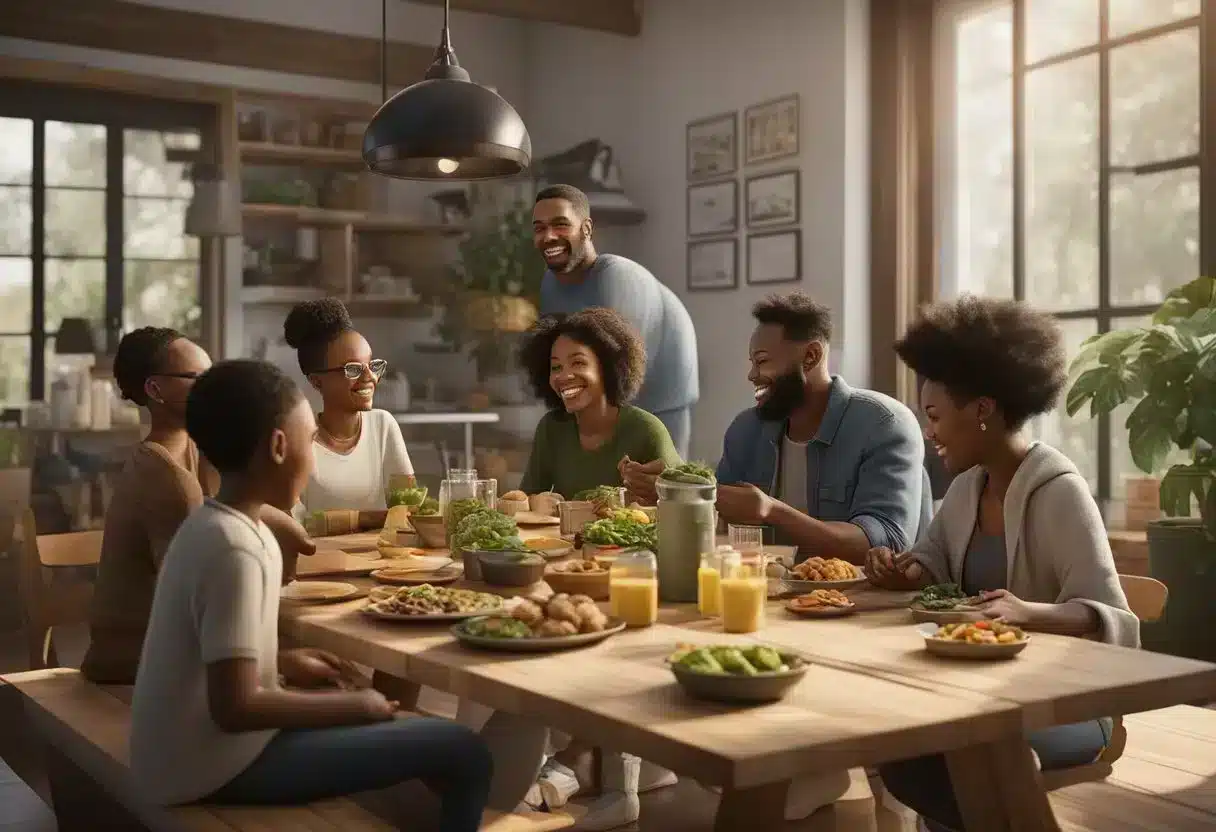 A diverse group gathers around a table, sharing food and stories. A calendar and family photos are displayed, symbolizing the importance of kinkeeping in maintaining health and connections