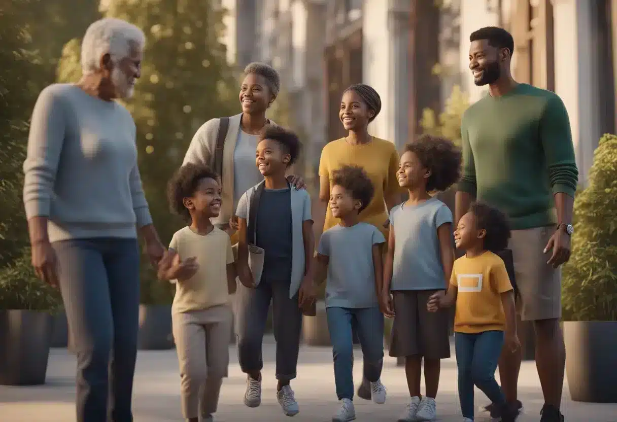 A diverse group of individuals of different ages and backgrounds engaging in supportive and caring interactions, demonstrating the concept of kinkeeping across life stages