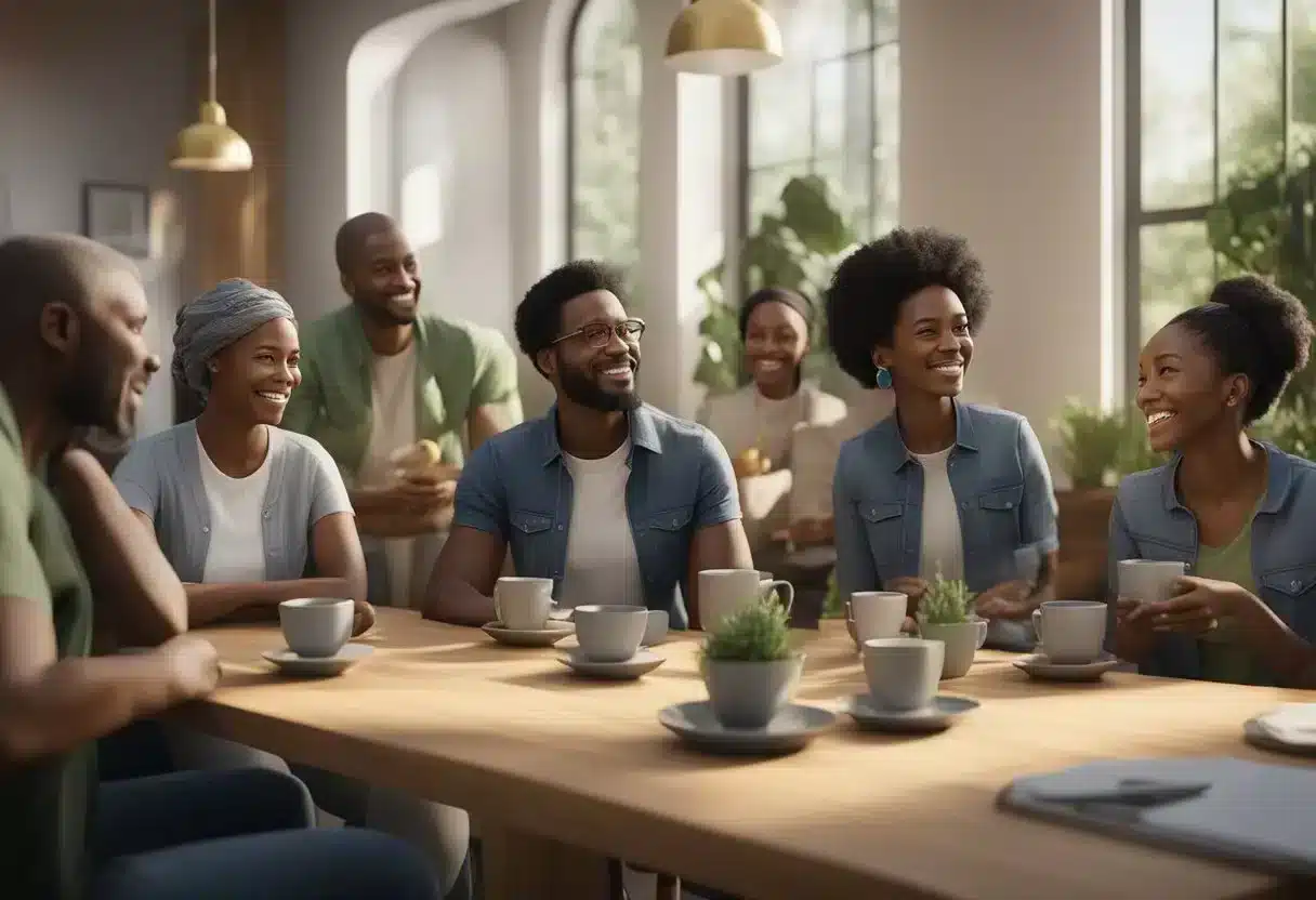 A diverse group of individuals engaging in kinkeeping activities, such as maintaining family connections and providing support, while discussing its impact on health