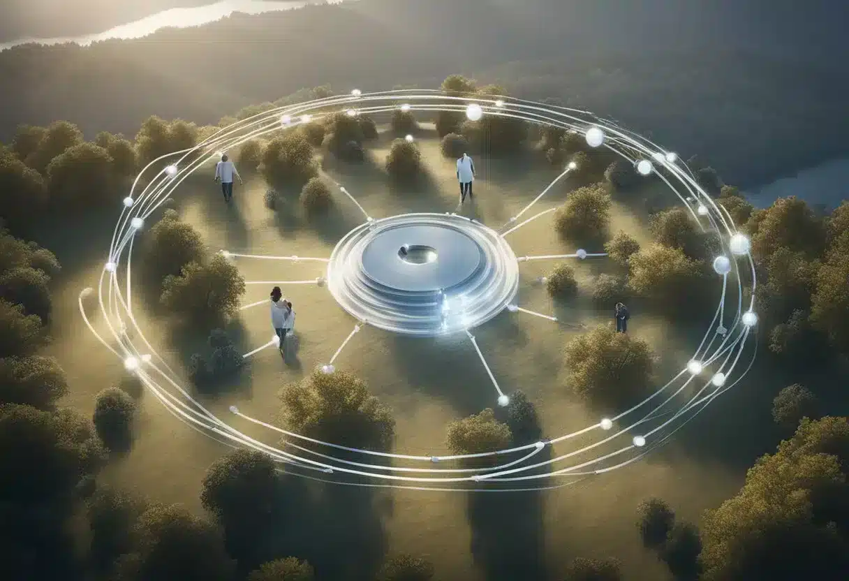 Kinkeeping: A network of familial relationships. Show interconnected circles representing family members, with arrows indicating communication and support. Emphasize the importance of kinkeeping for overall health and well-being