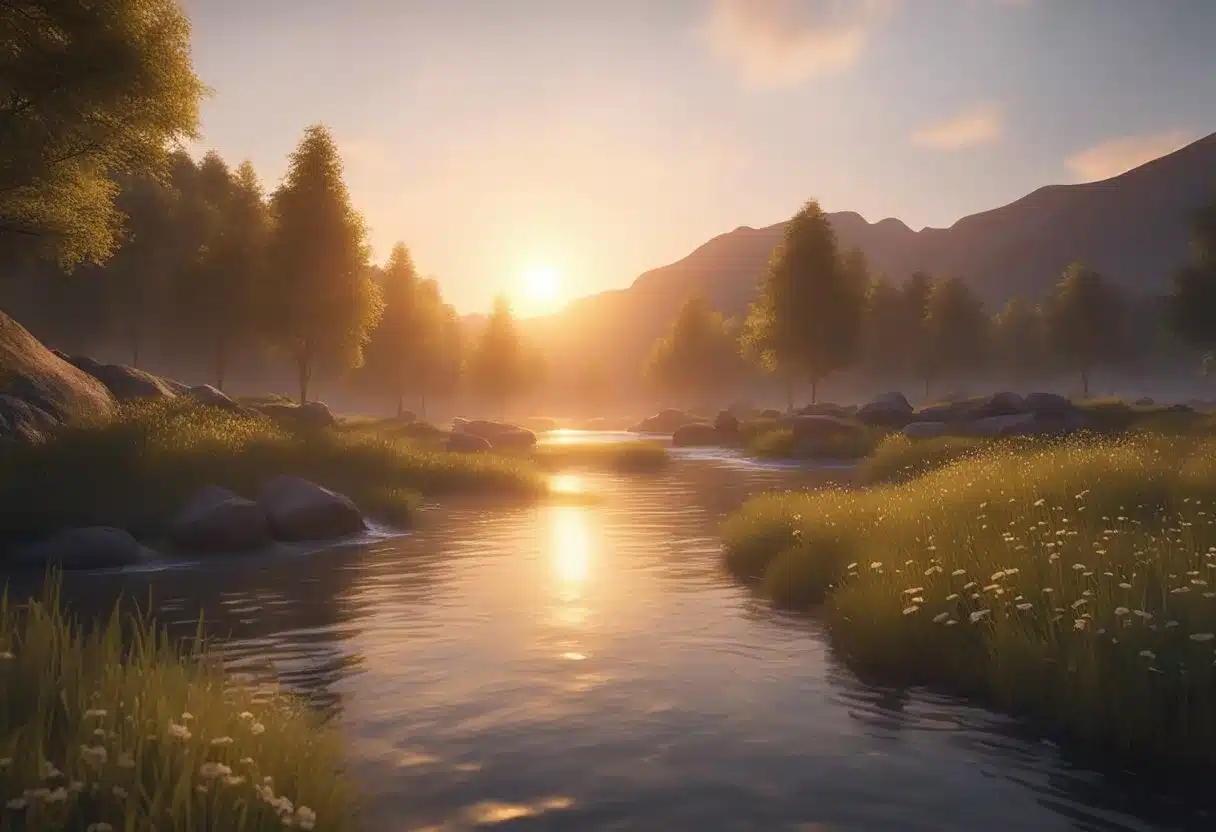 A serene landscape with a calm, flowing river and a vibrant sunset, symbolizing the process of forgiveness and the emotional benefits it brings