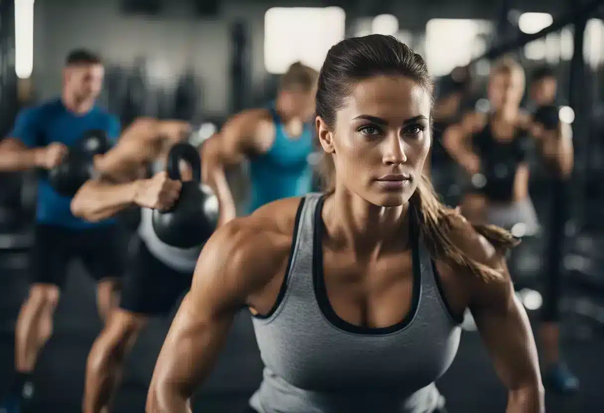 A gym setting with various equipment like kettlebells, battle ropes, and rowing machines. Sweat drips down the faces of people working out intensely