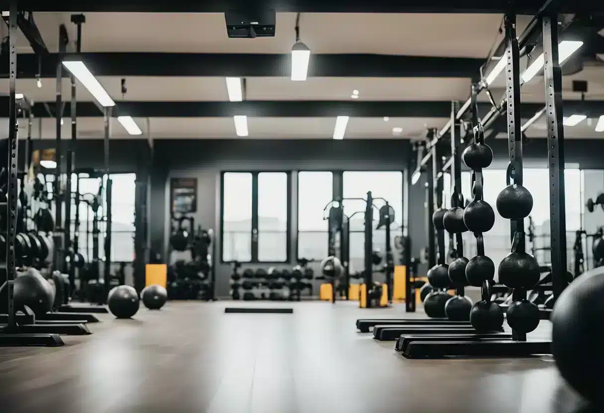 A gym setting with various equipment, such as kettlebells, battle ropes, and rowing machines, surrounded by energetic individuals working out
