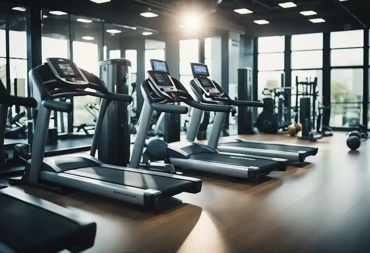 A gym with various equipment arranged for a high-intensity workout. Timer set, water bottles, and towels nearby. Bright, energizing atmosphere