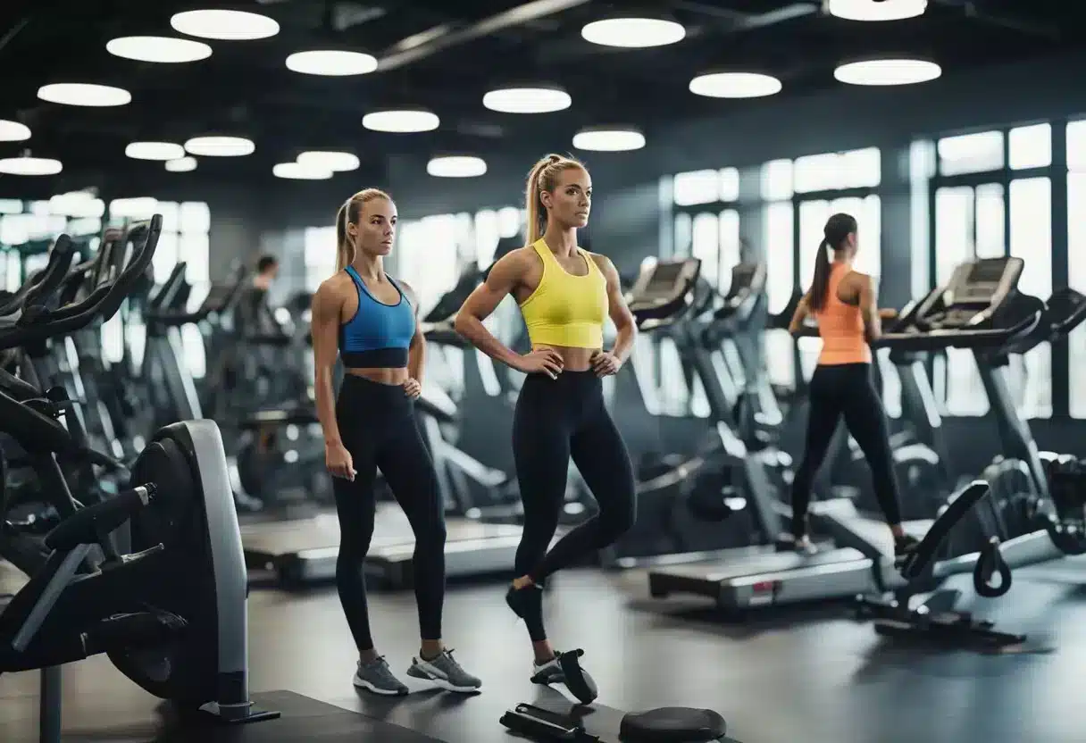 A gym setting with various equipment, timers, and energetic participants performing high-intensity exercises