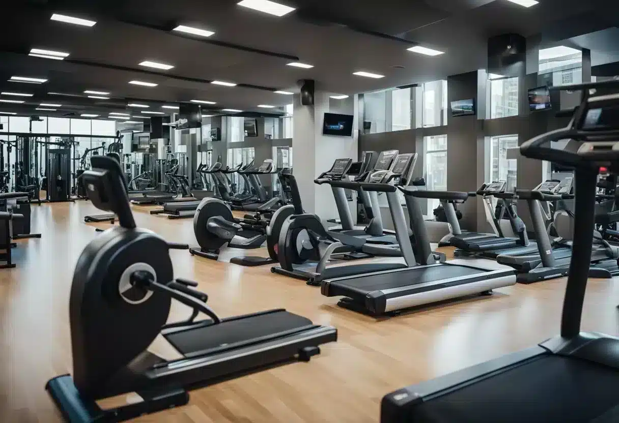 Metabolic conditioning: a gym with various equipment, trainers demonstrating exercises, and clients following along. Safety posters on the walls