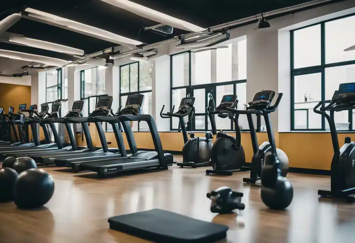 A gym filled with various workout equipment such as treadmills, rowing machines, and kettlebells. A timer on the wall indicates a high-intensity interval training session in progress