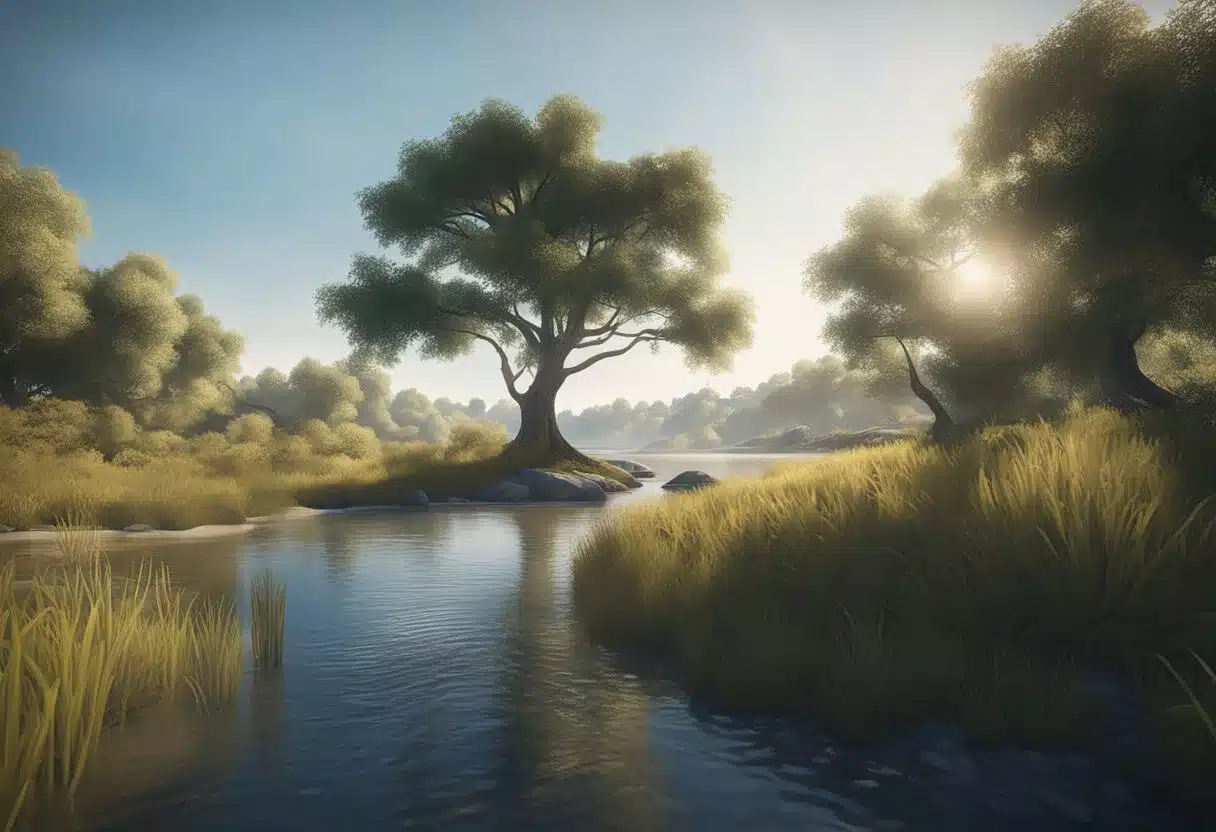 A serene landscape with a calm, flowing river and a clear blue sky. A lone tree stands tall, symbolizing strength and resilience