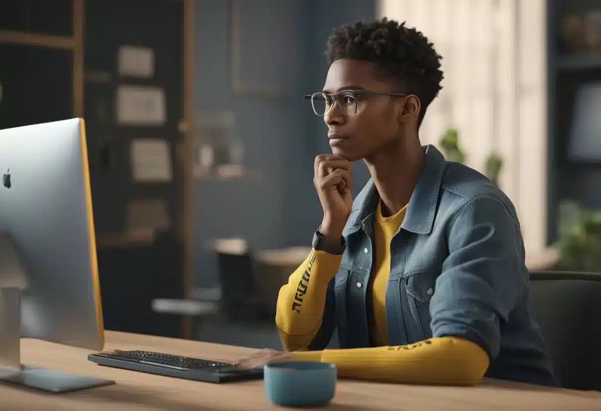 A person holding a measuring tape around the waist area, with a puzzled expression while looking at the "FUPA" acronym on a computer screen