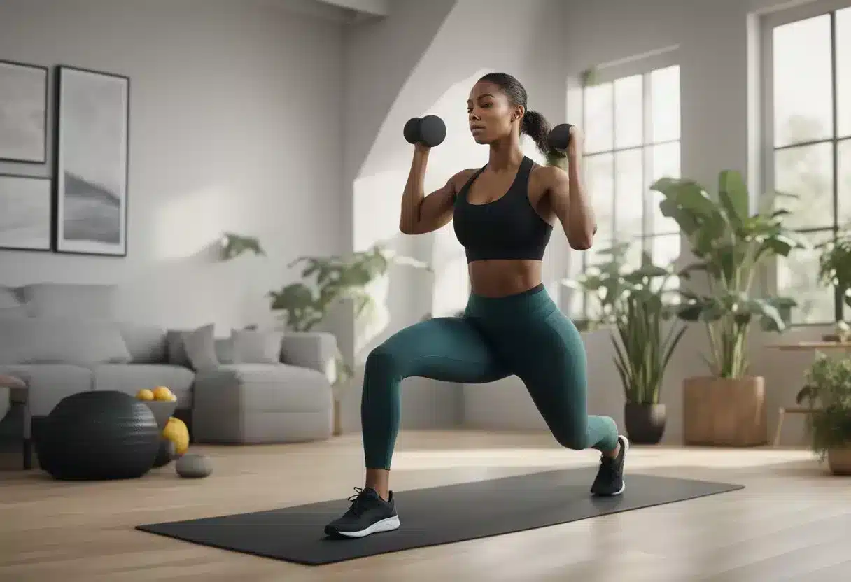 A person exercising with resistance bands, eating healthy foods, and using a waist trainer to reduce FUPA