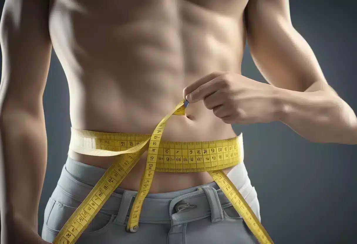 A person measuring their waistline with a tape measure, looking concerned