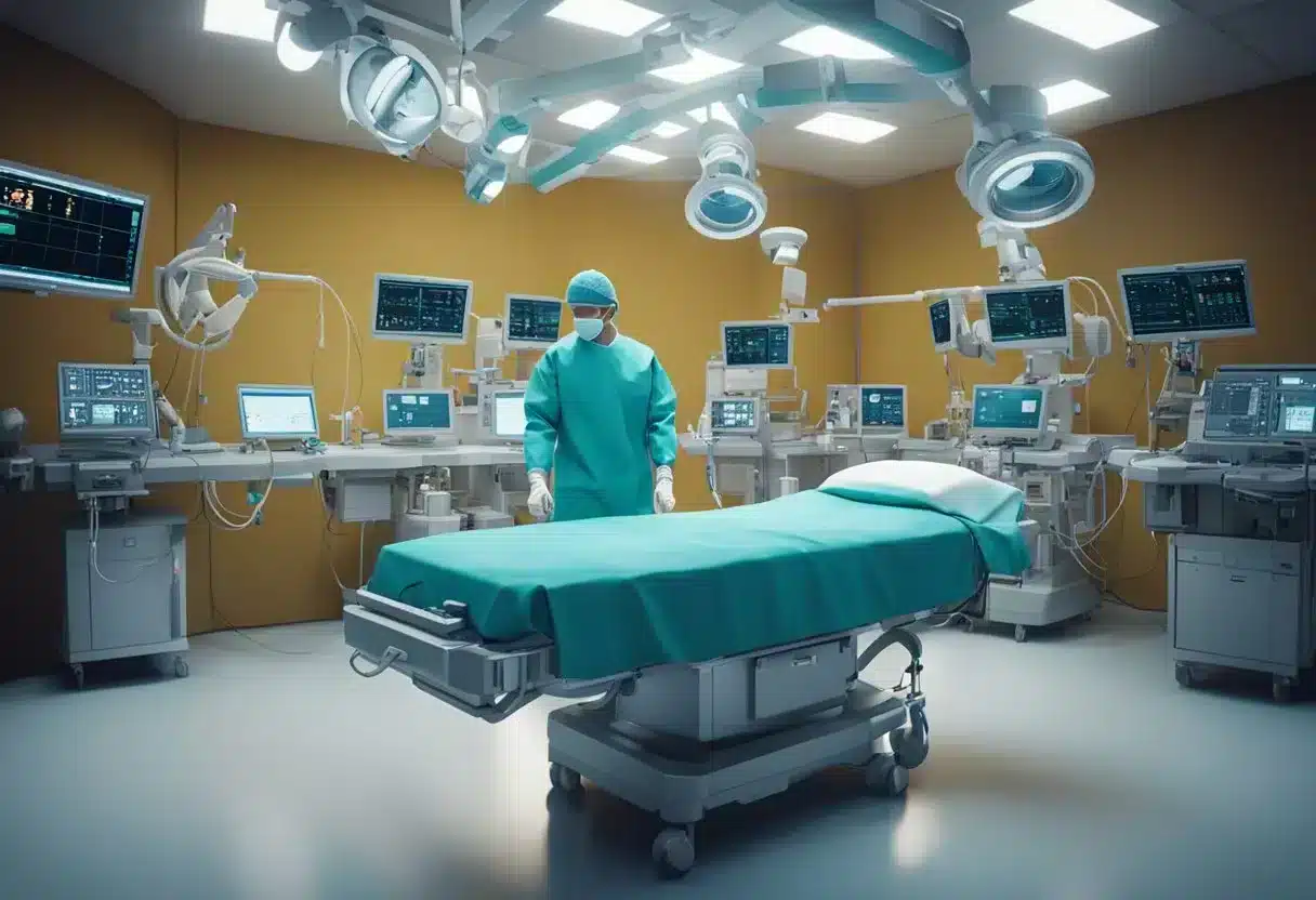 A surgeon performing FUPA removal surgery with medical equipment and tools in a sterile operating room