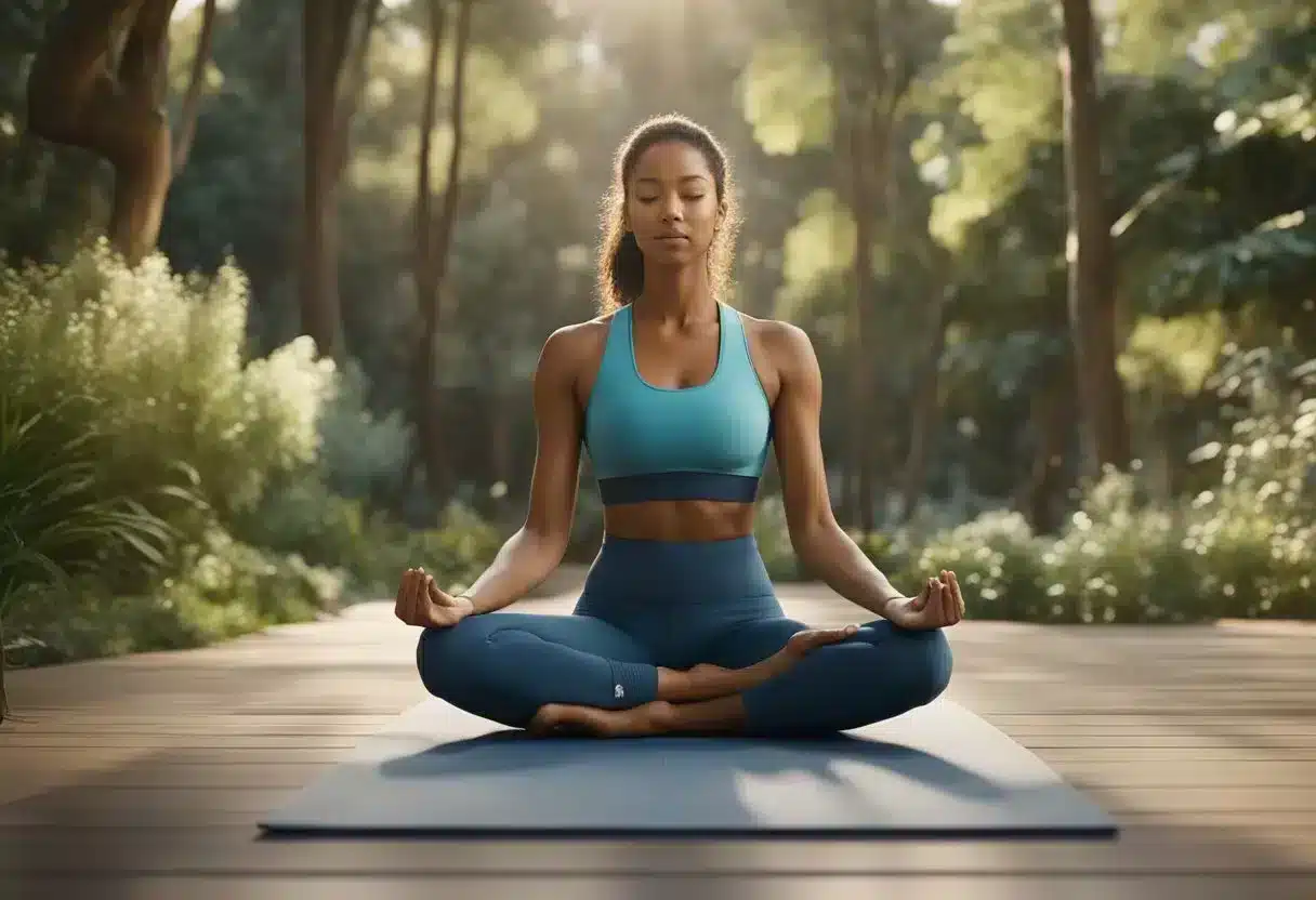 A person doing yoga, healthy food, and exercise. No specific body parts