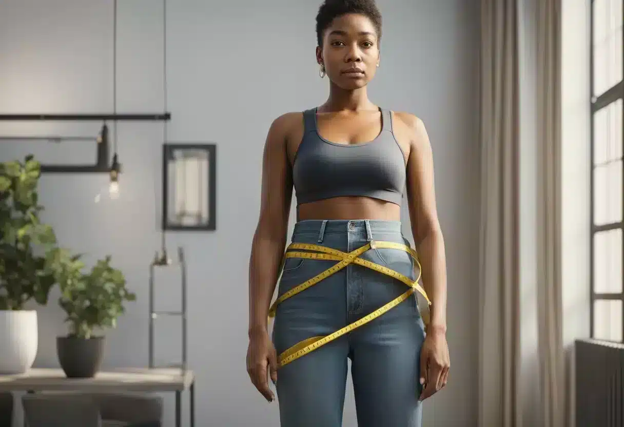 A person holding a measuring tape around the waist area, with a concerned expression on their face