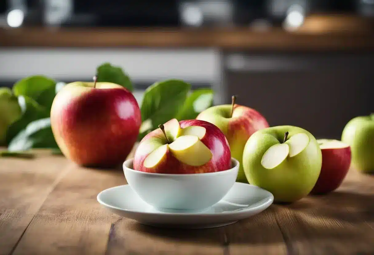 An apple is being eaten daily, with a nutritional profile displayed nearby. The apple is shown to have positive effects on the body