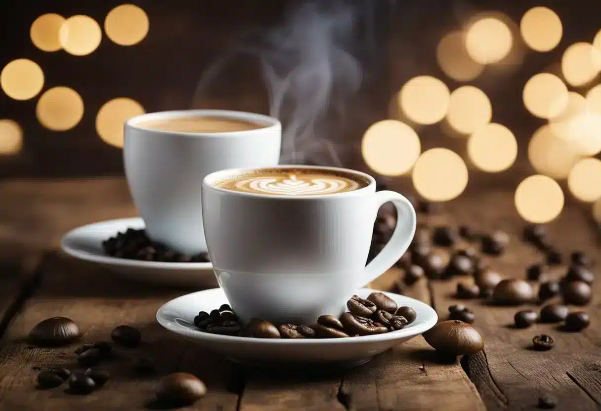 A steaming cup of mushroom coffee and traditional coffee sit side by side on a rustic wooden table