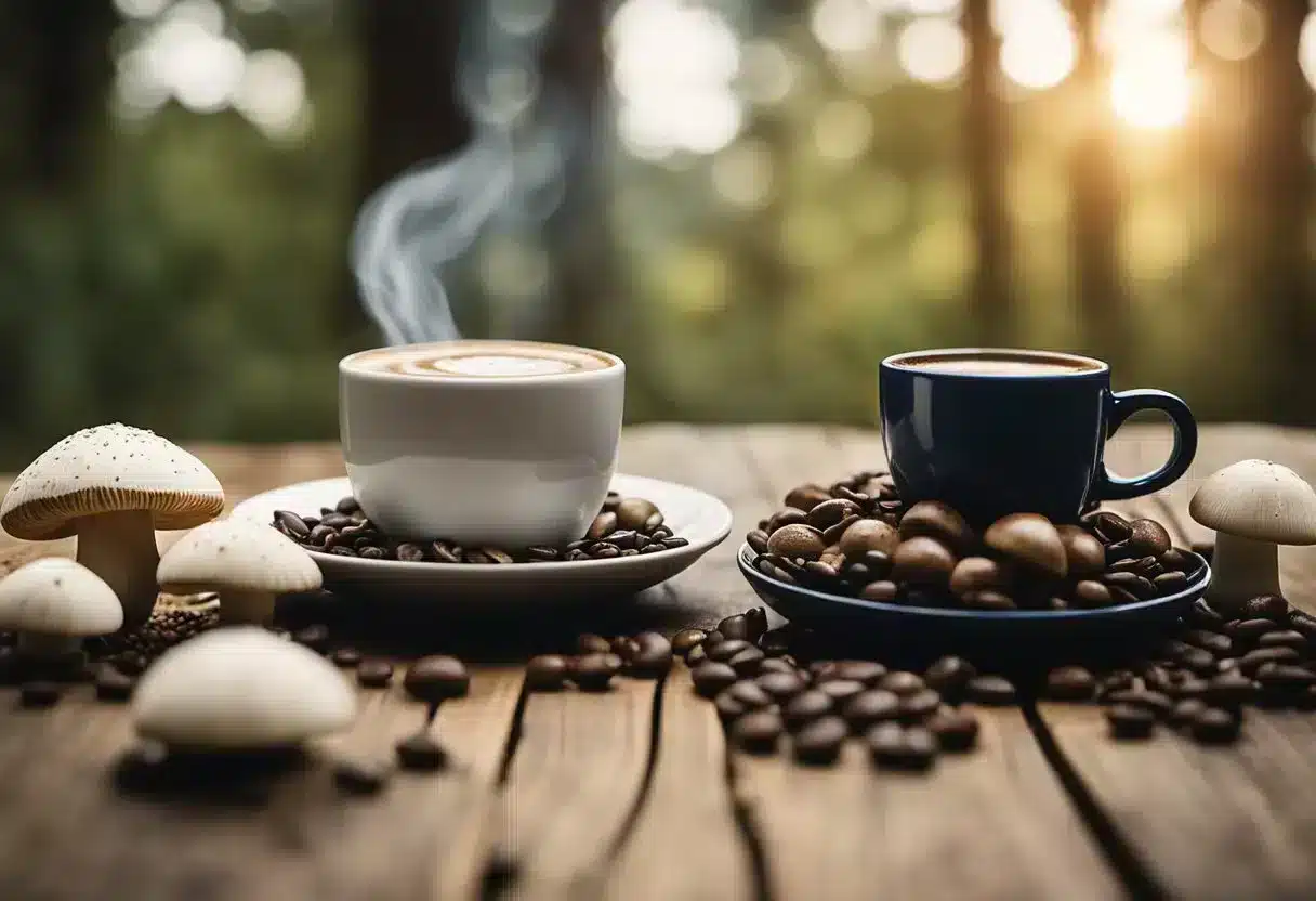 A steaming cup of mushroom coffee sits next to a traditional coffee mug on a wooden table, surrounded by scattered coffee beans and mushrooms
