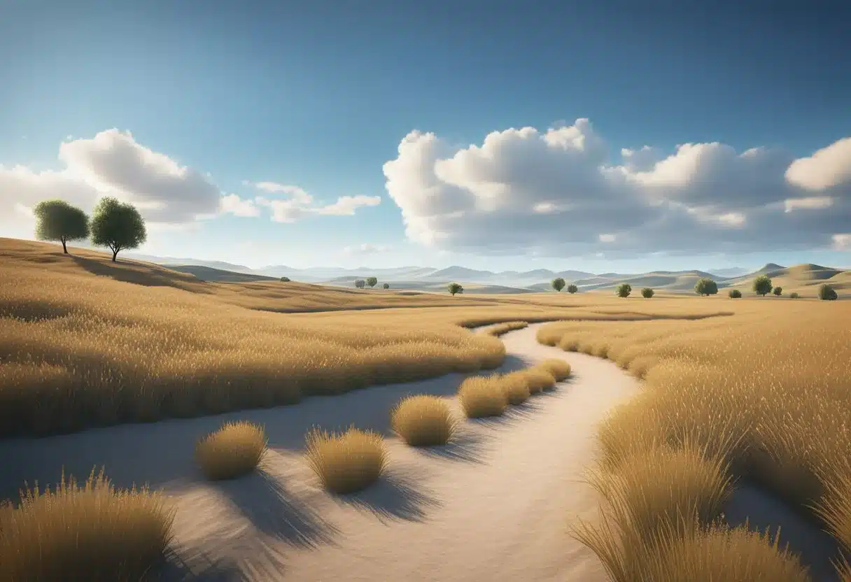 A serene, open field with a clear blue sky, featuring a winding path leading towards a bright, hopeful horizon