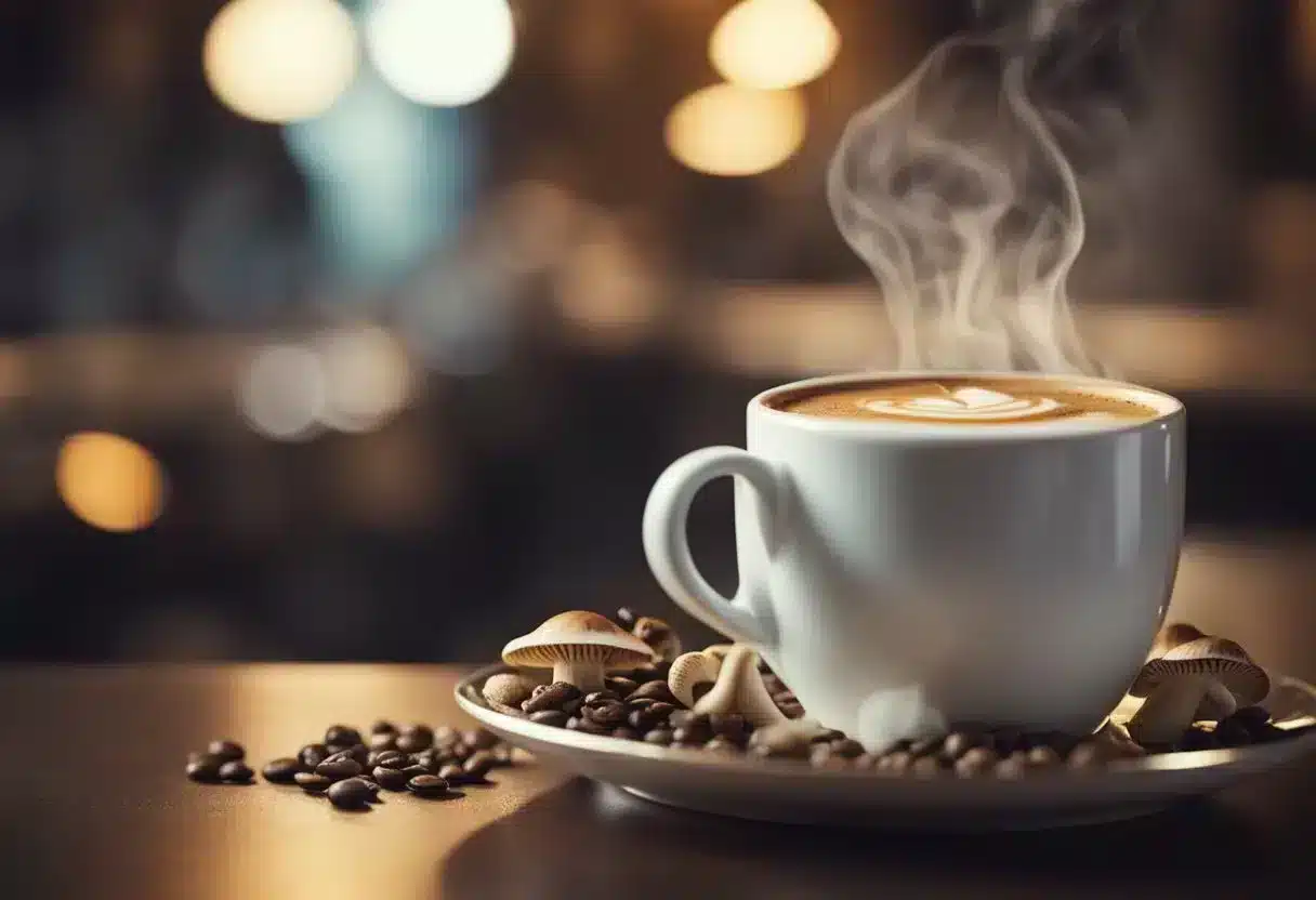 A steaming cup of mushroom coffee sits next to a traditional coffee, emitting earthy aromas and inviting flavors