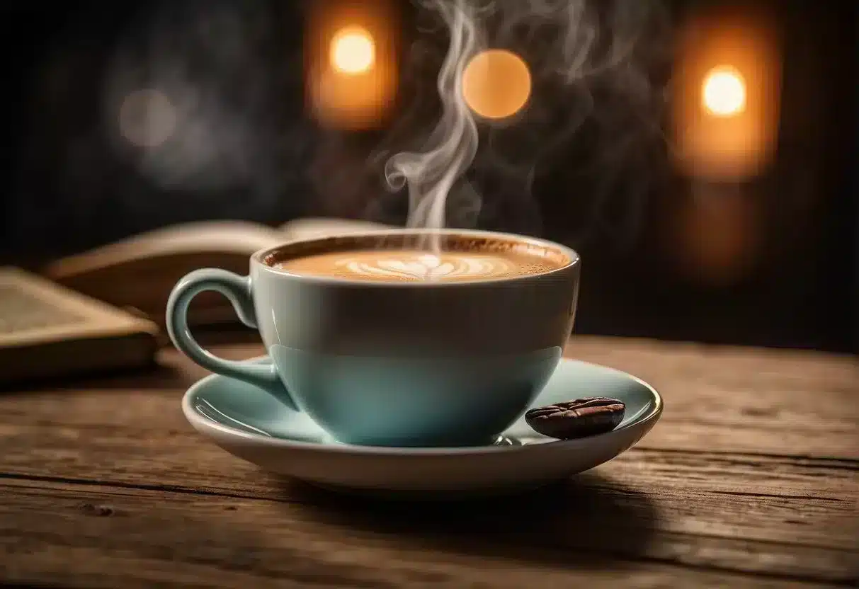 A steaming cup of RYZE coffee sits on a rustic wooden table, surrounded by a cozy atmosphere with warm lighting and a book open nearby