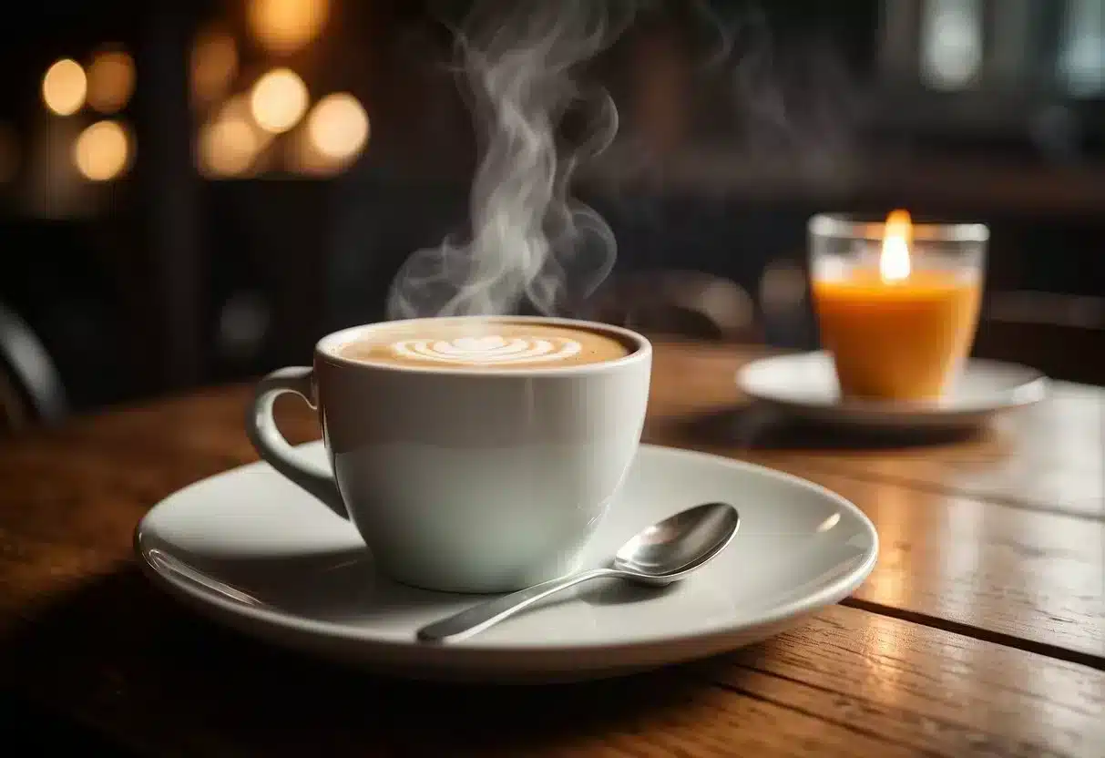 A steaming cup of RYZE coffee sits on a rustic wooden table, surrounded by a cozy atmosphere with soft lighting and a comfortable chair