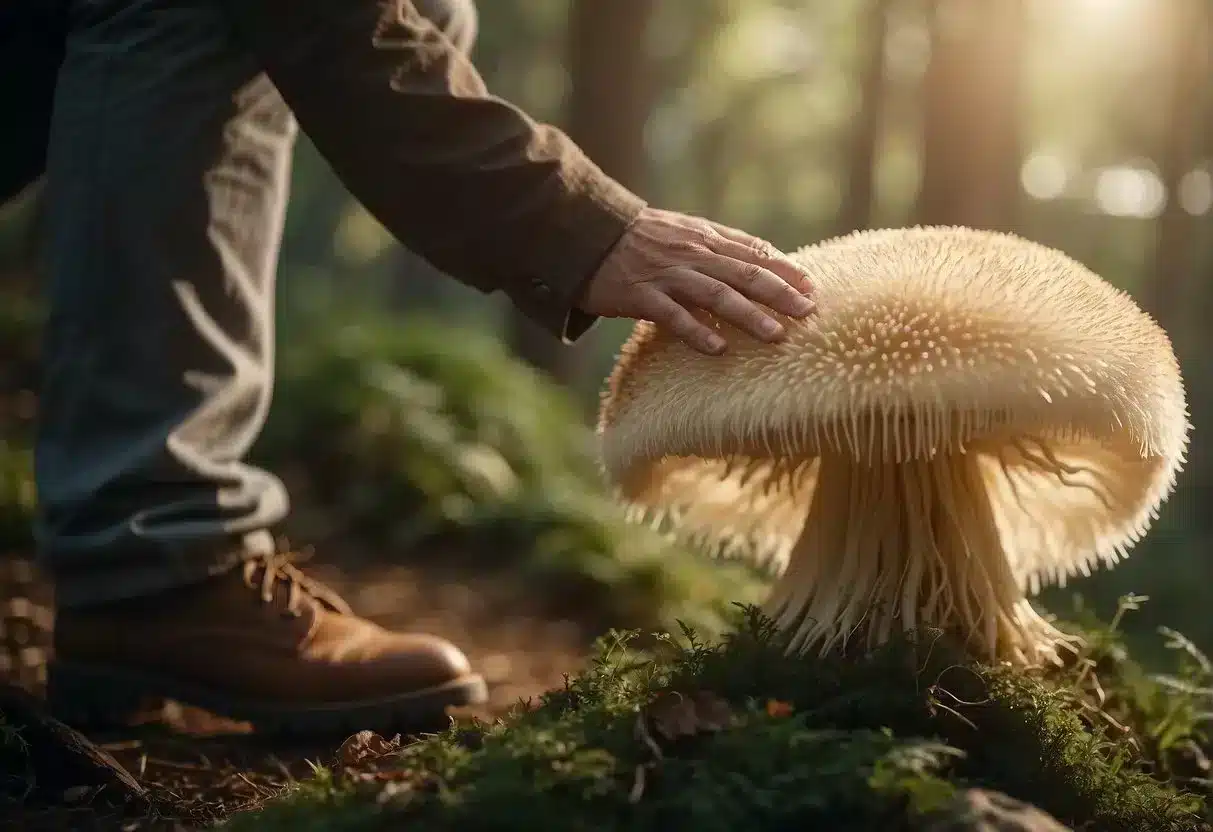 A person examines a lion's mane mushroom. The mushroom is large and white with long, flowing tendrils. The person appears curious and engaged