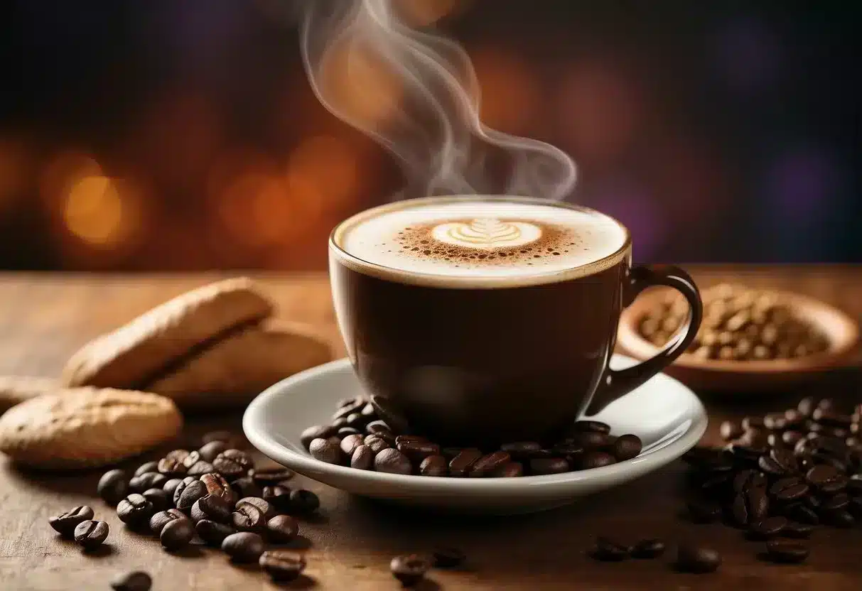 A steaming cup of RYZE coffee sits on a table, surrounded by images of healthy liver foods and a list of its nutritional benefits