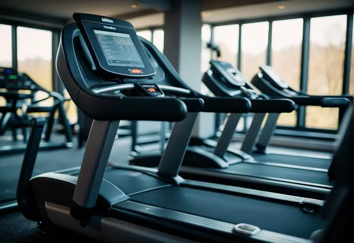 A treadmill set at a brisk pace, with speed and incline controls visible, surrounded by motivational fitness posters
