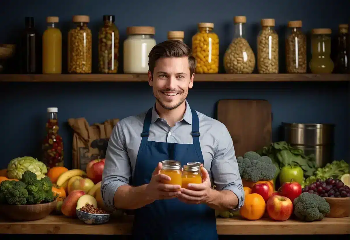 A person holding a bottle of RYZE with a question mark above their head, surrounded by images of healthy foods and a list of potential benefits such as reduced bloating