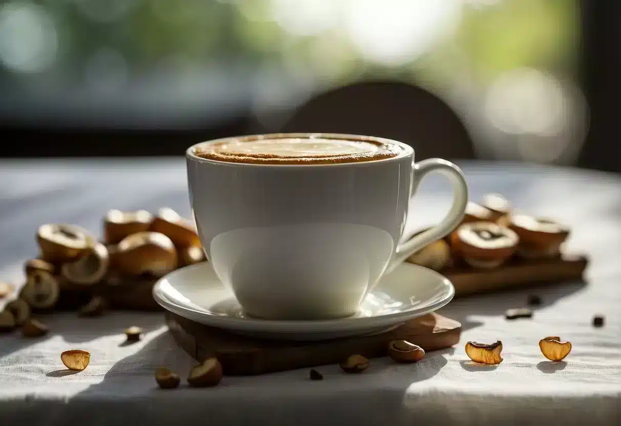 A cup of mushroom coffee spills, staining a white tablecloth