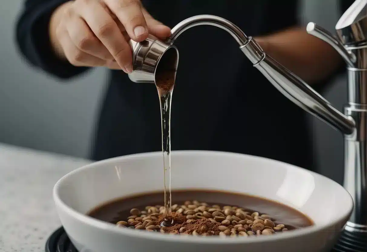 A person pouring mushroom coffee down the drain, with a disappointed expression