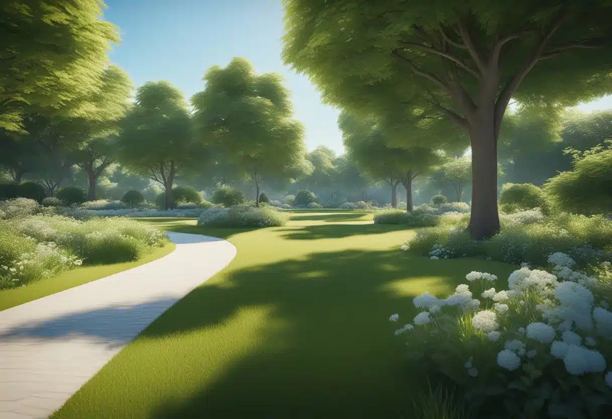 A serene park with vibrant greenery and clear blue skies, showcasing a peaceful environment that promotes mental well-being