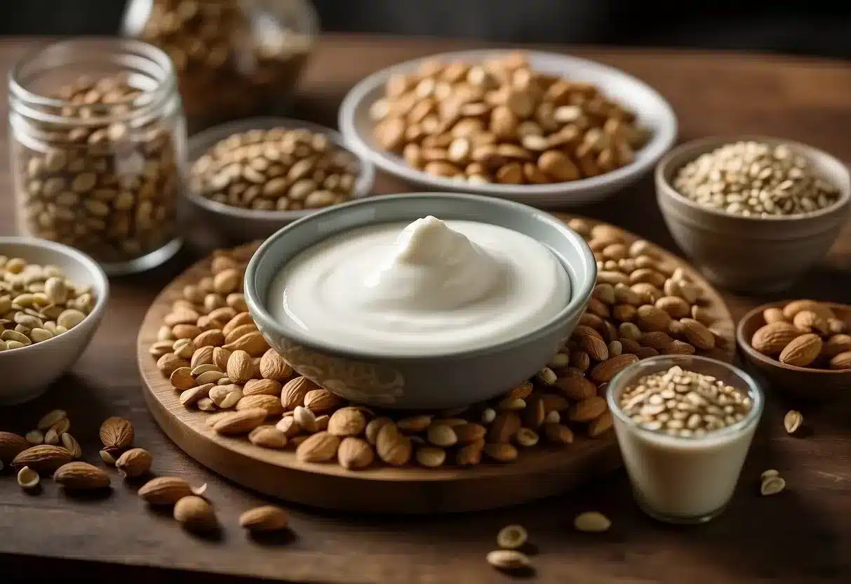 A table filled with high-protein snacks like nuts, seeds, and Greek yogurt. A scale nearby shows weight loss progress
