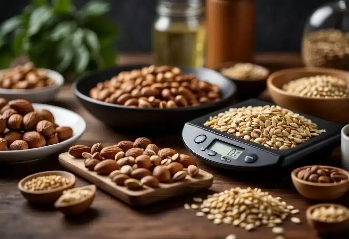 A table with nuts, seeds, and lean meats. A scale nearby