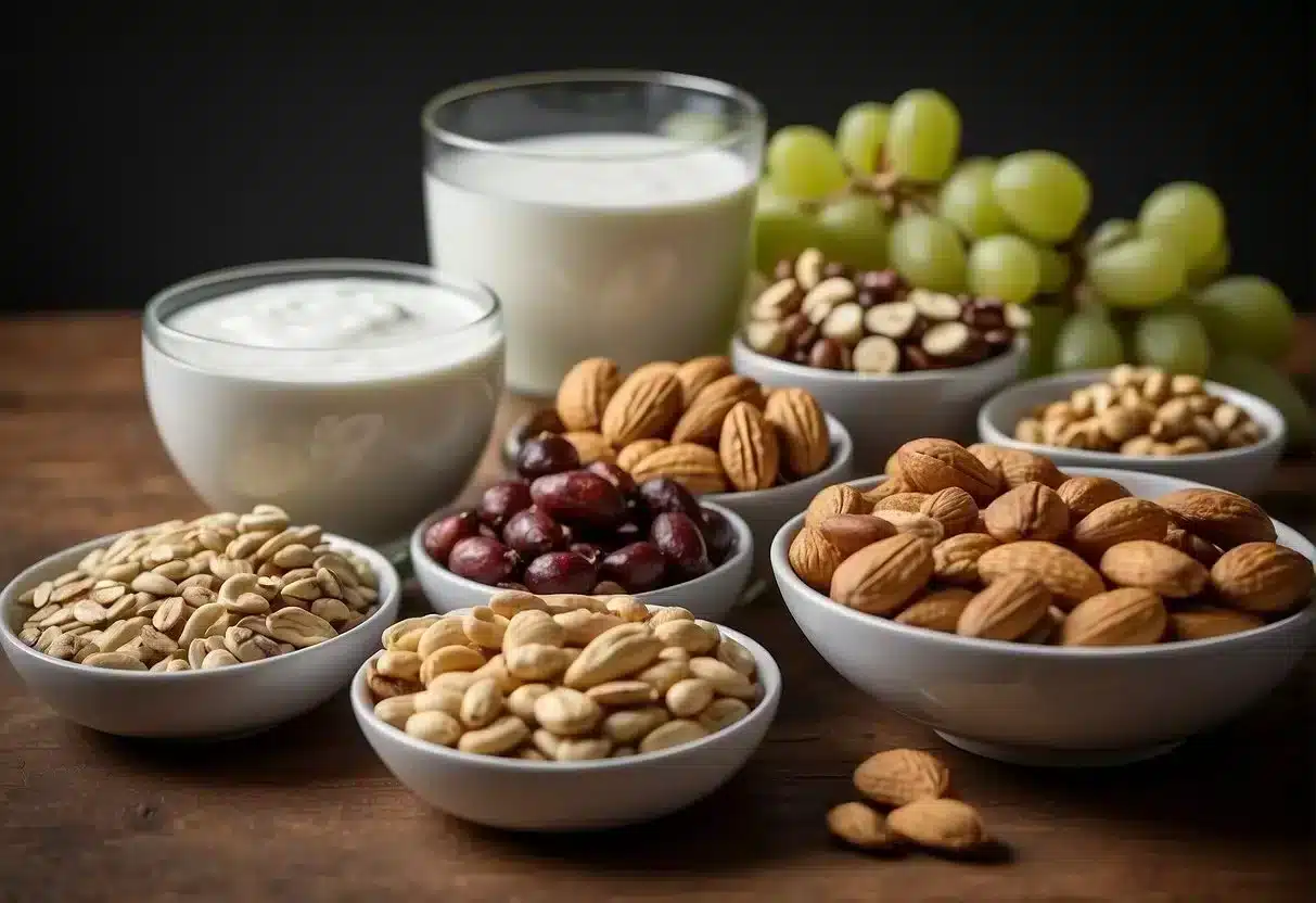A variety of high-protein snacks arranged on a table, including nuts, Greek yogurt, lean meats, and protein bars