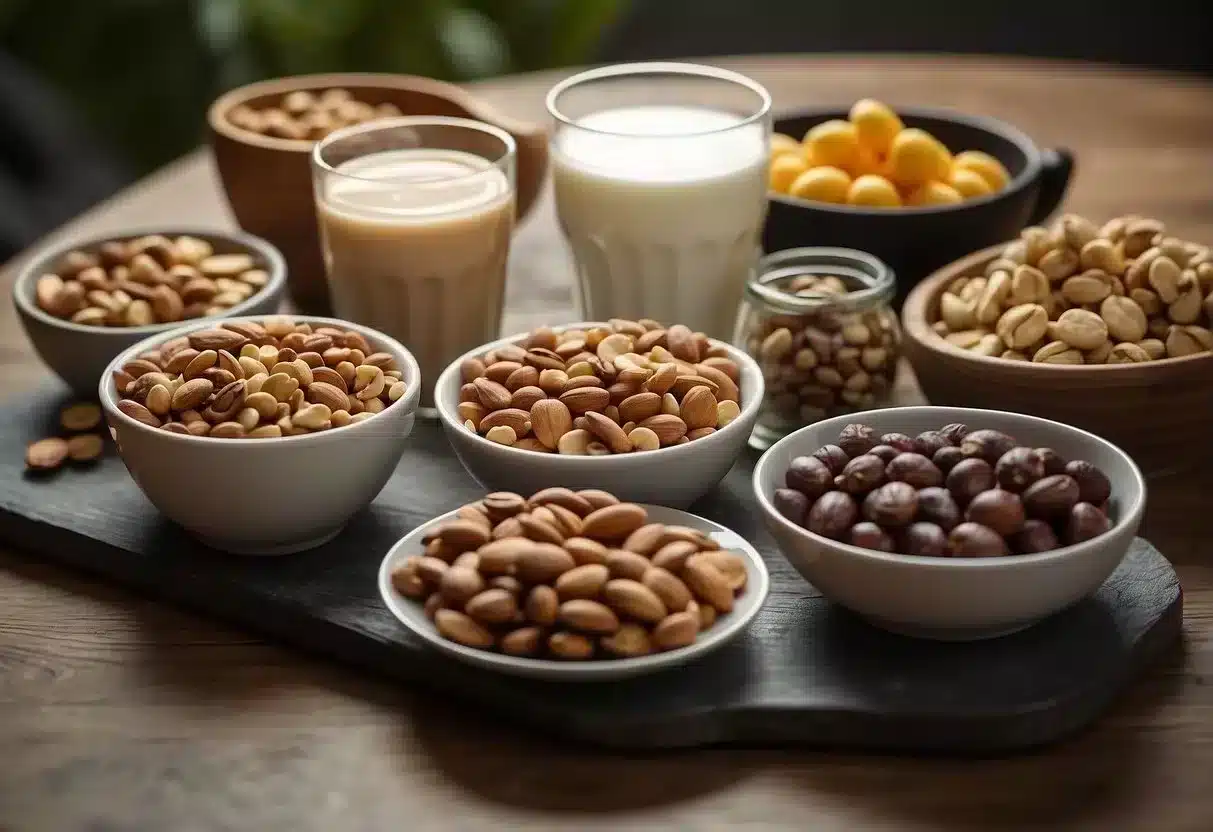 A table with various high-protein snacks: nuts, Greek yogurt, protein bars. A scale showing weight loss progress. Text: "Nutritional Benefits of High-Protein Snacks."