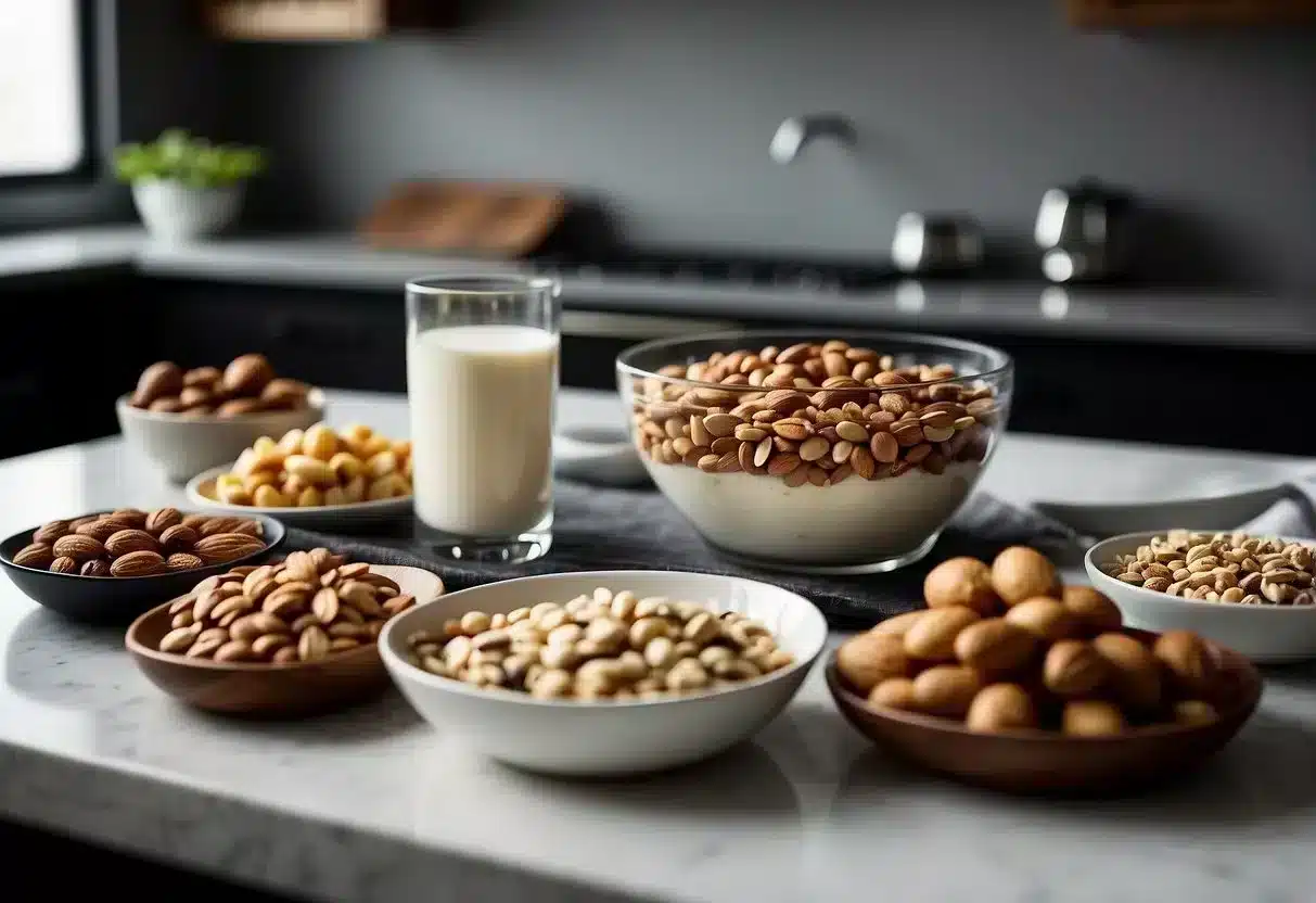 A variety of protein-rich snacks arranged on a sleek, modern kitchen countertop, including nuts, seeds, Greek yogurt, and lean meats