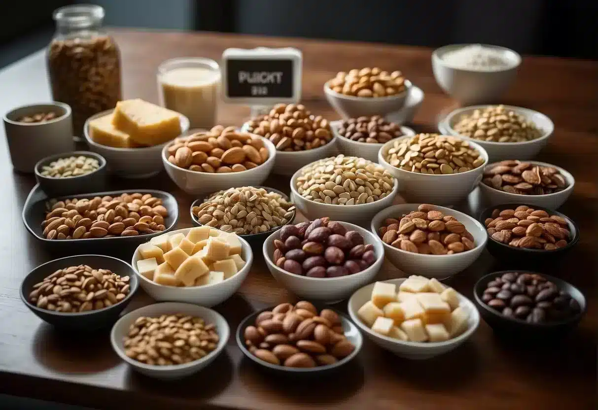 A variety of high-protein snacks arranged on a table, including nuts, seeds, lean meats, and protein bars. Labels indicate "quick weight loss support."