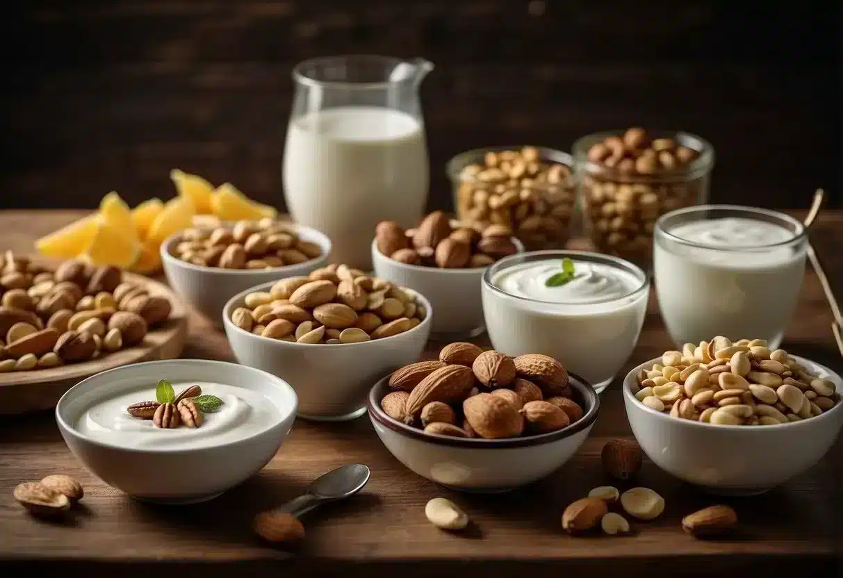 A table set with high-protein snacks, such as nuts, Greek yogurt, and lean meats, arranged in an appealing and appetizing manner
