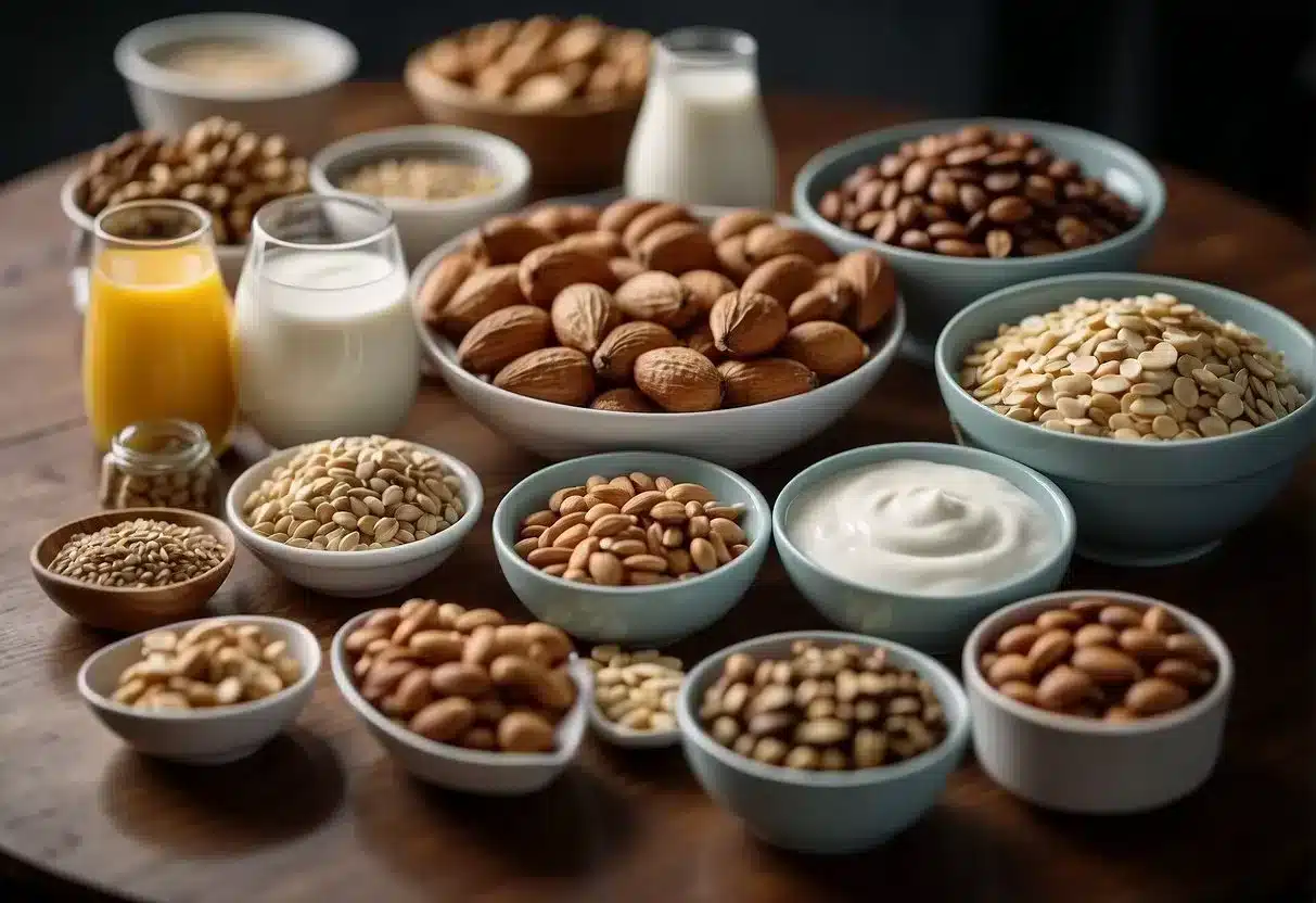 A variety of high-protein snacks displayed on a table, including nuts, seeds, yogurt, and lean meats. A scale nearby shows weight loss progress