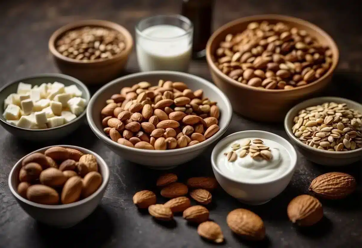 A variety of high-protein snacks arranged on a table, including nuts, seeds, lean meats, and Greek yogurt, with a measuring scale and a tape measure nearby