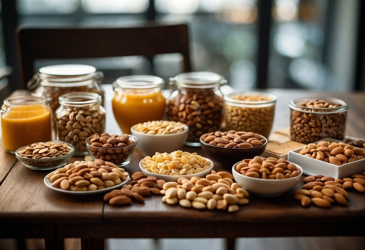 A table filled with various high-protein snacks, such as nuts, seeds, and protein bars, arranged neatly with bright, colorful packaging to depict quick weight loss and body and bone health
