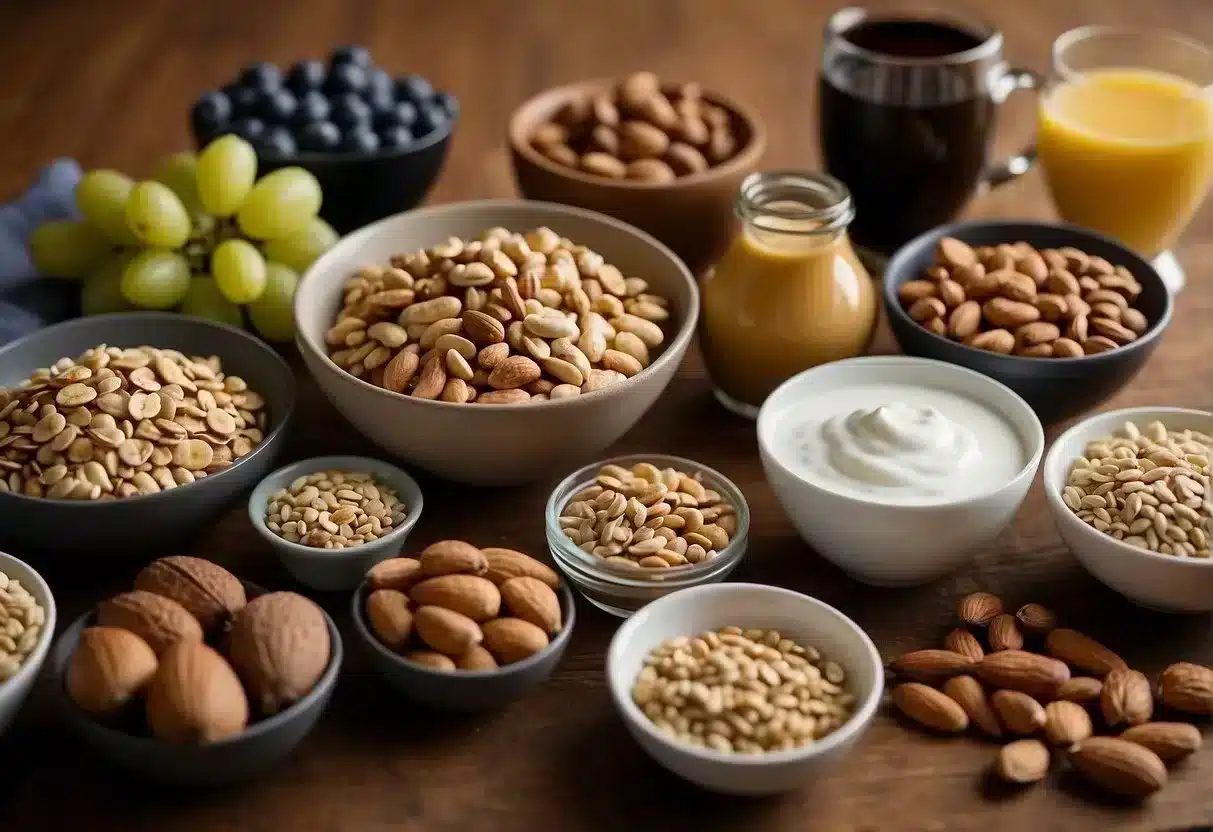 A variety of high-protein snacks arranged on a table, including nuts, seeds, Greek yogurt, and lean meats, with a focus on healthy and quick weight loss